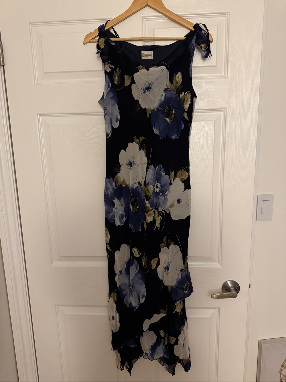 Sleeveless Navy Floral Midi Dress with Tie Shoulders